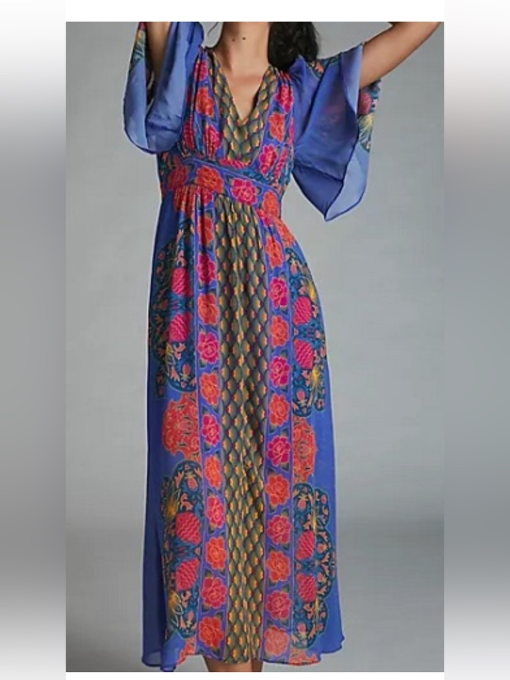 Anthropologie x Farm Rio Blue Floral V-Neck Maxi Dress size M rare - Picture 2 of 13